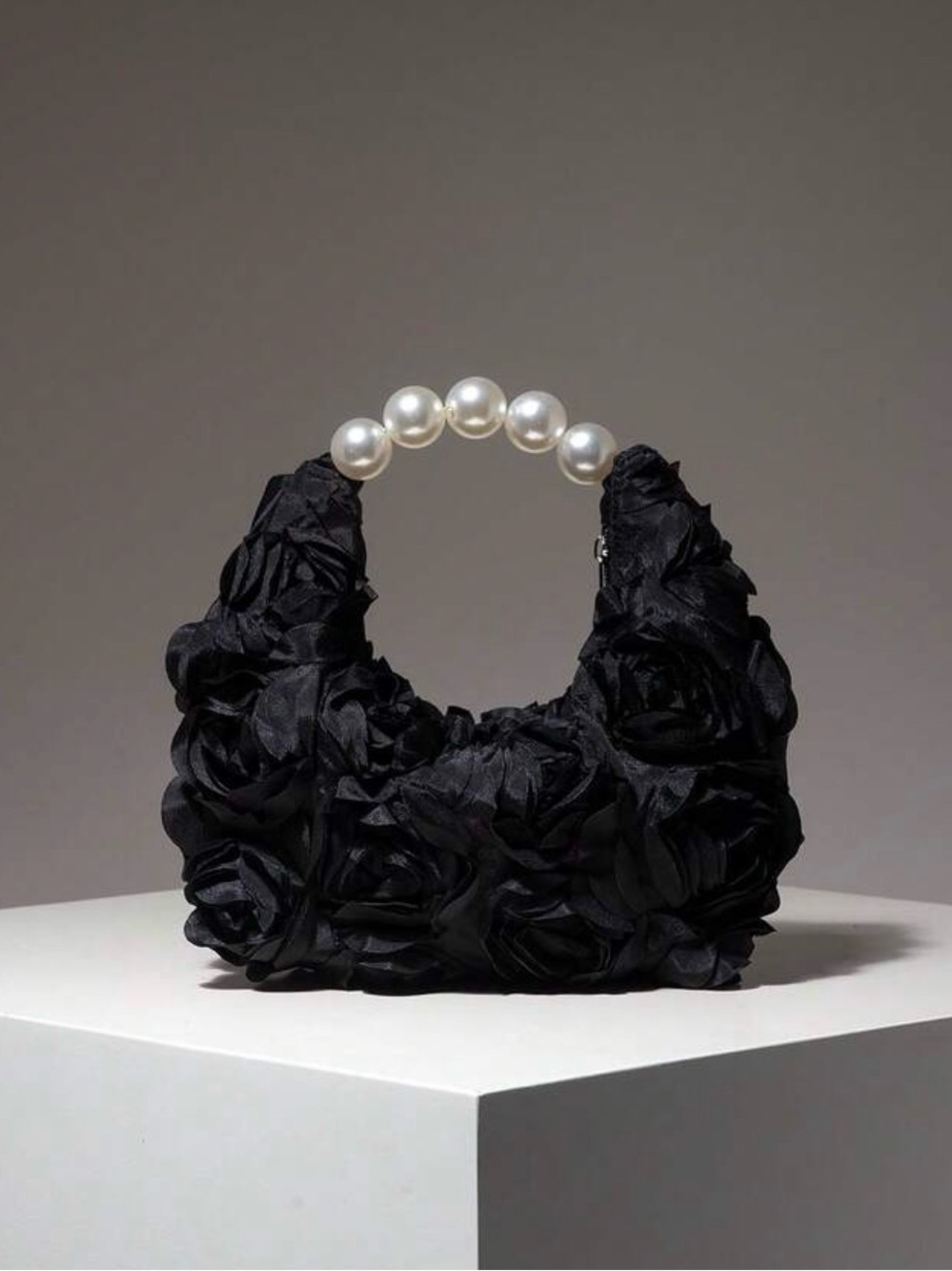 Black Rosette Mini Bag with Pearl Handle